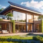 Modernes Holzhaus mit Begrünung und Solaranlage auf Dach | extensive Dachbegrünung