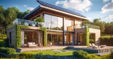 Modernes Holzhaus mit Begrünung und Solaranlage auf Dach | extensive Dachbegrünung