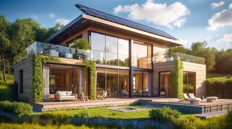 Modernes Holzhaus mit Begrünung und Solaranlage auf Dach | extensive Dachbegrünung