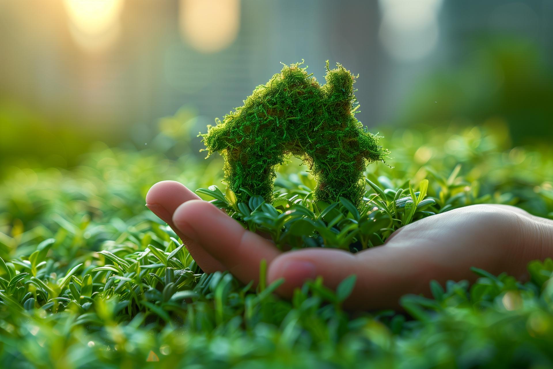 Moosbedecktes Miniaturhaus in Hand auf grüner Wiese | extensive Dachbegrünung