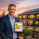 Vermieter mit Tablet zeigt Verbrauchsausweis vor modernem Wohngebäude mit Solaranlage