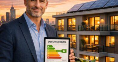Vermieter mit Tablet zeigt Verbrauchsausweis vor modernem Wohngebäude mit Solaranlage